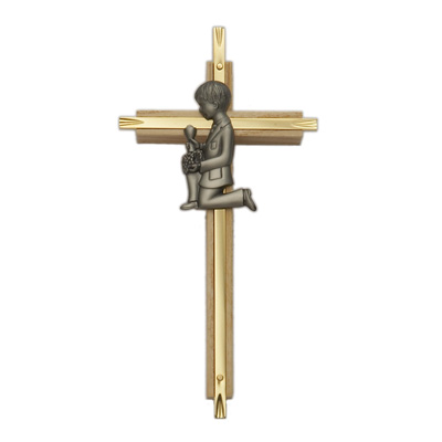7" Brass/Oak Cross with Fine Pewter Communion Boy Casting